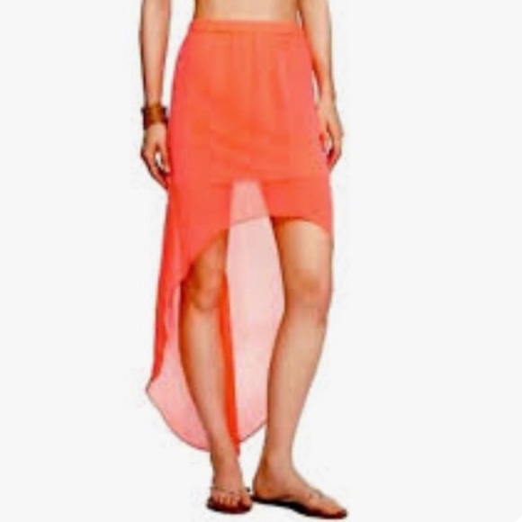 Express Highlighter Hi-Low Skirt Or Coverup Bright Orange Pink Coral Chiffon - Picture 1 of 11